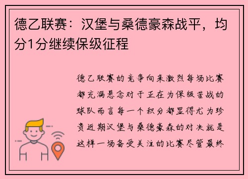 德乙联赛：汉堡与桑德豪森战平，均分1分继续保级征程