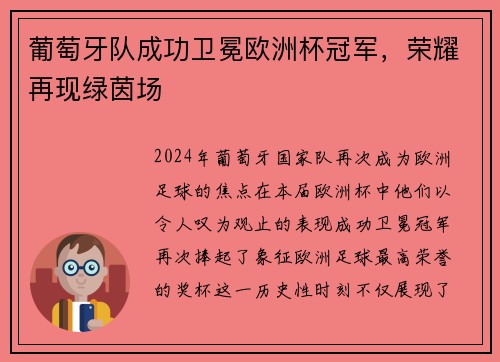 葡萄牙队成功卫冕欧洲杯冠军，荣耀再现绿茵场