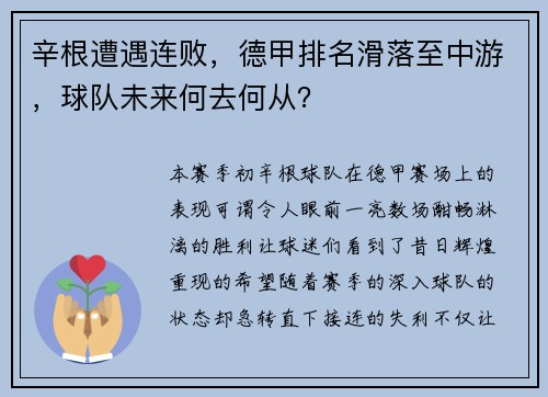 辛根遭遇连败，德甲排名滑落至中游，球队未来何去何从？
